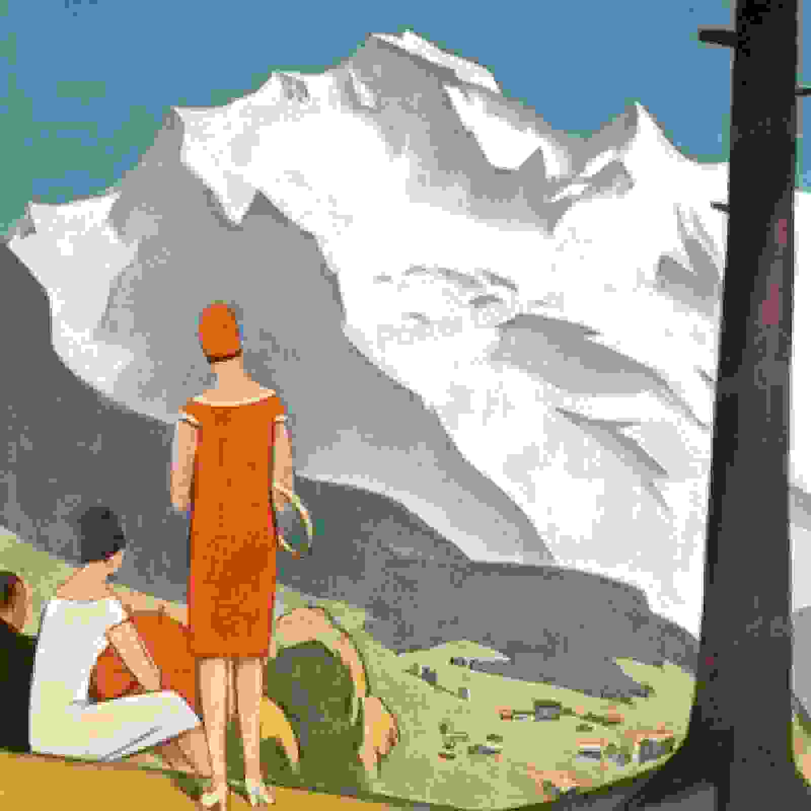 Antikes gezeichnetes Plakat. Zwei Frauen schauen auf einen Berg.