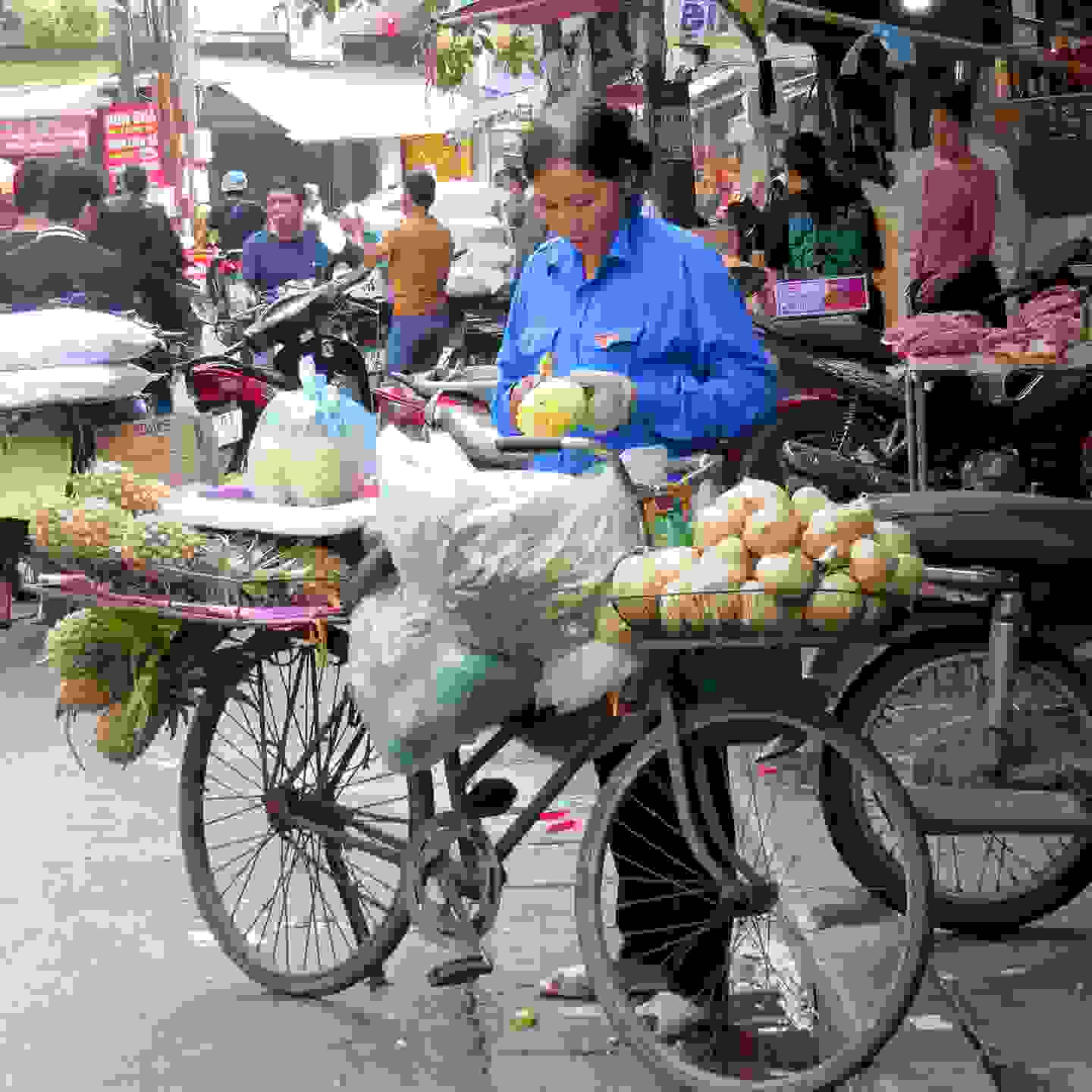 Eine Frau in Vietnam hält ihr Fahrrad vor sich, welches vollbeladen mit Anans ist, die sie verkauft. Auslandsseminar der TFBO nach Vietnam.